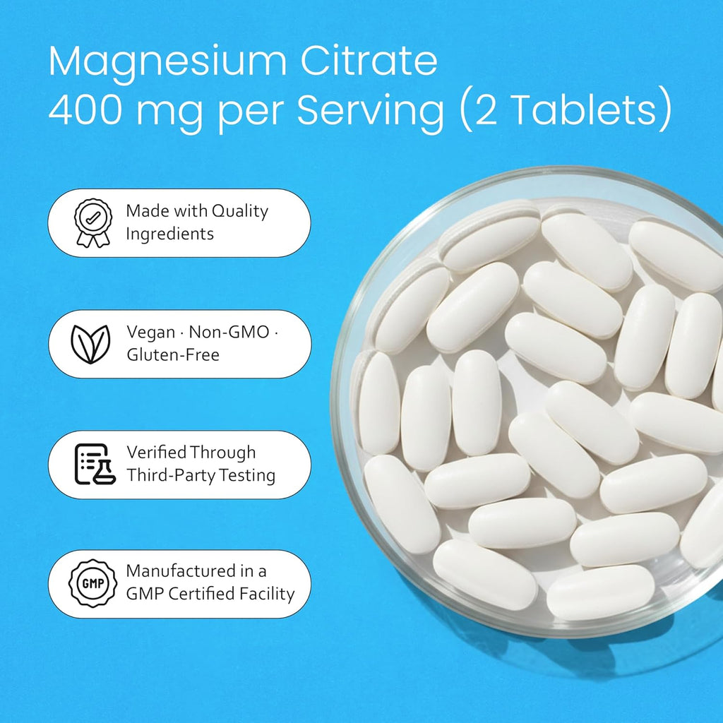 Magnesium Citrate 400 Mg - 120 Tablets Elemental Magnesium Supports Function of Muscles, Bones, Heart Non-Gmo per Serving