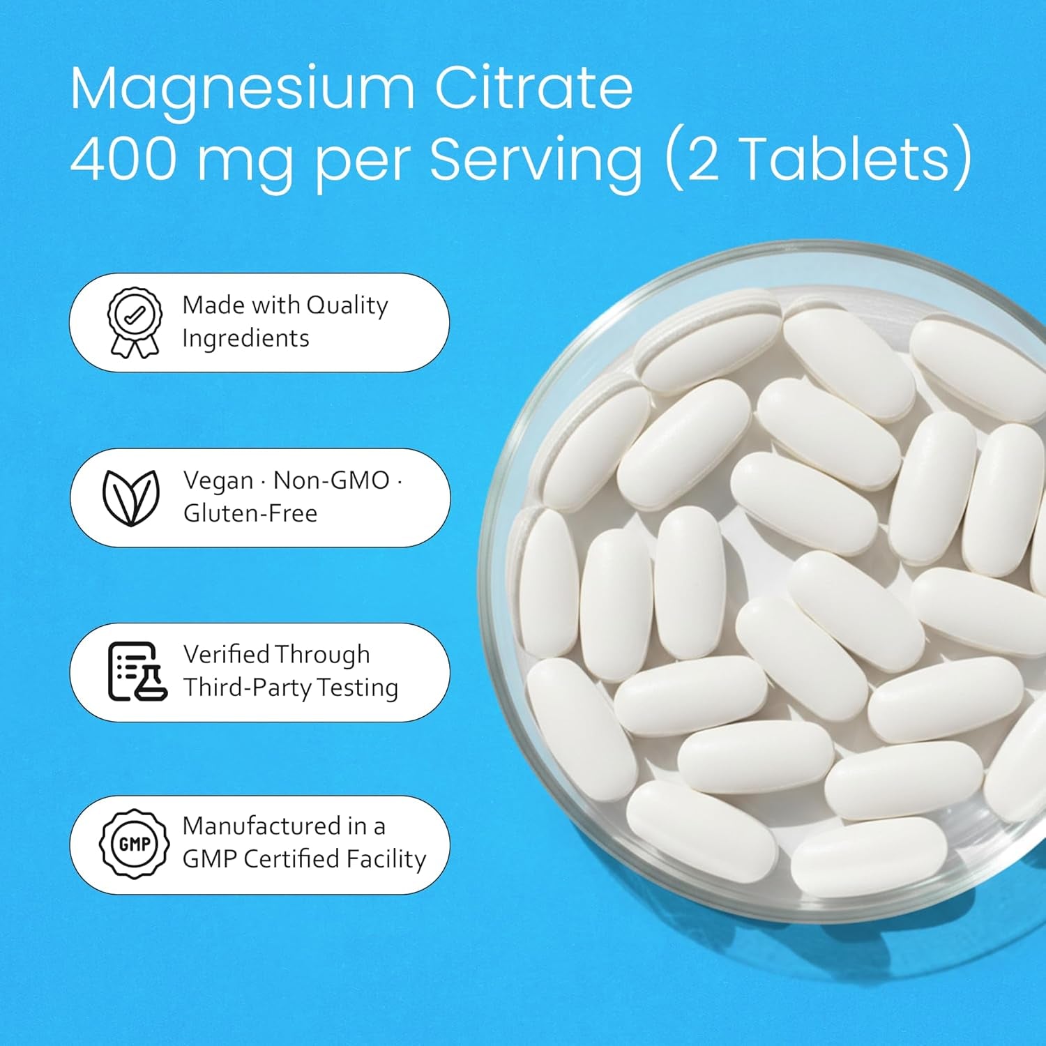 Magnesium Citrate 400 Mg - 120 Tablets Elemental Magnesium Supports Function of Muscles, Bones, Heart Non-Gmo per Serving