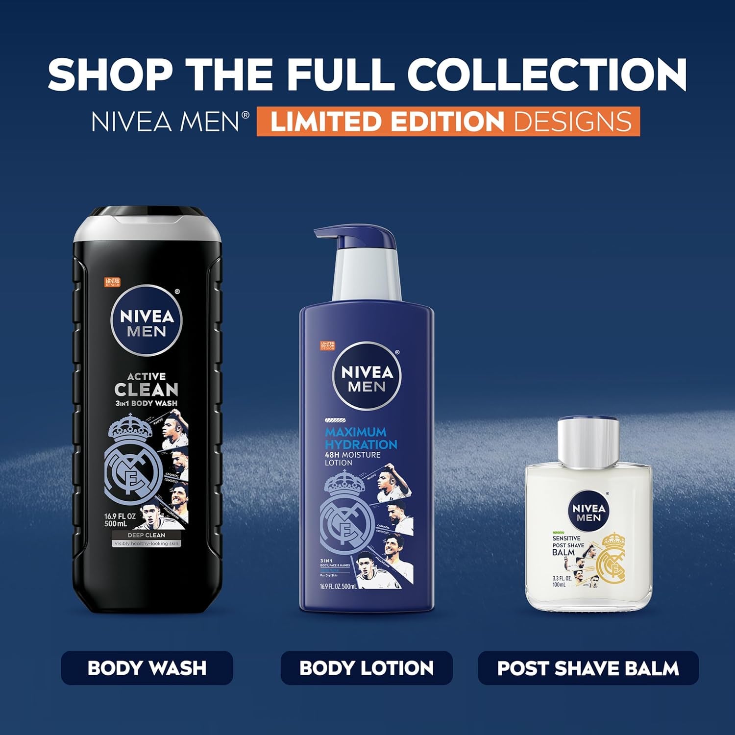 NIVEA Men Active Clean Body Wash with Natural Charcoal for Normal to Oily Skin, 3-In-1 Charcoal Body Wash, Face and Hair, Draws Out Dirt and Impurities, 16.9 Fl Oz Bottle, Pack of 3