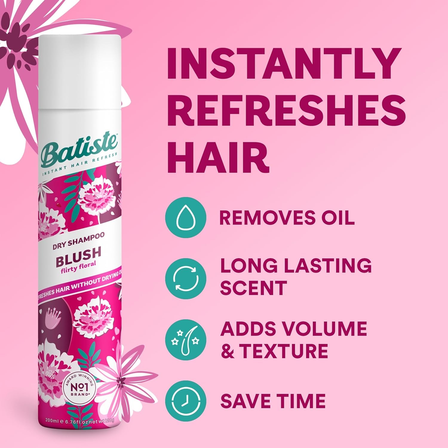 Blush Dry Shampoo 200Ml - Quick Hair Refresh with Flirty Floral Scent, Adds Volume & Texture, & Absorbs Oil, Ideal for Daily Haircare & Styling, for All Hair Types, Instant Results