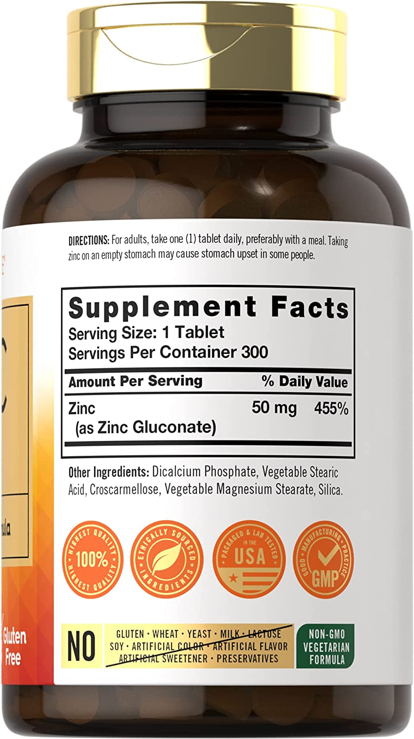 Zinc 50Mg | 300 Tablets | Vegetarian, Non-Gmo, and Gluten Free Supplement | Zinc Gluconate | High Potency Formula | by