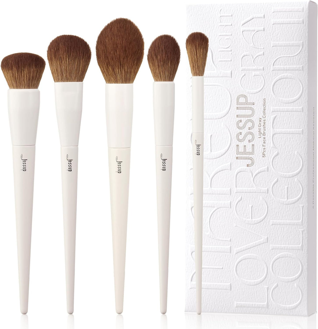 Jessup 5-Piece Vegan Makeup Brush Set - Soft Face Brushes for Foundation, Contouring, Highlighting, and Setting Powder in Light Grey T493