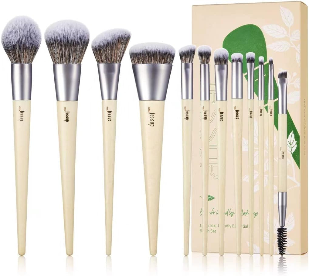 Jessup Vegan Makeup Brushes Set Premium Synthetic Powder Foundation Highlight Concealer Eyeshadow Blending Eyebrow Liner Spoolie Brush Set Burlywood 12Pcs T327