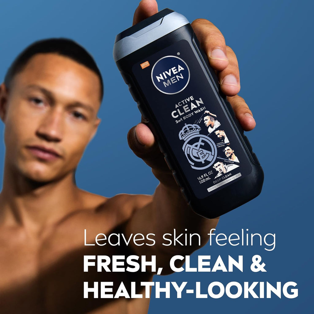 NIVEA Men Active Clean Body Wash with Natural Charcoal for Normal to Oily Skin, 3-In-1 Charcoal Body Wash, Face and Hair, Draws Out Dirt and Impurities, 16.9 Fl Oz Bottle, Pack of 3