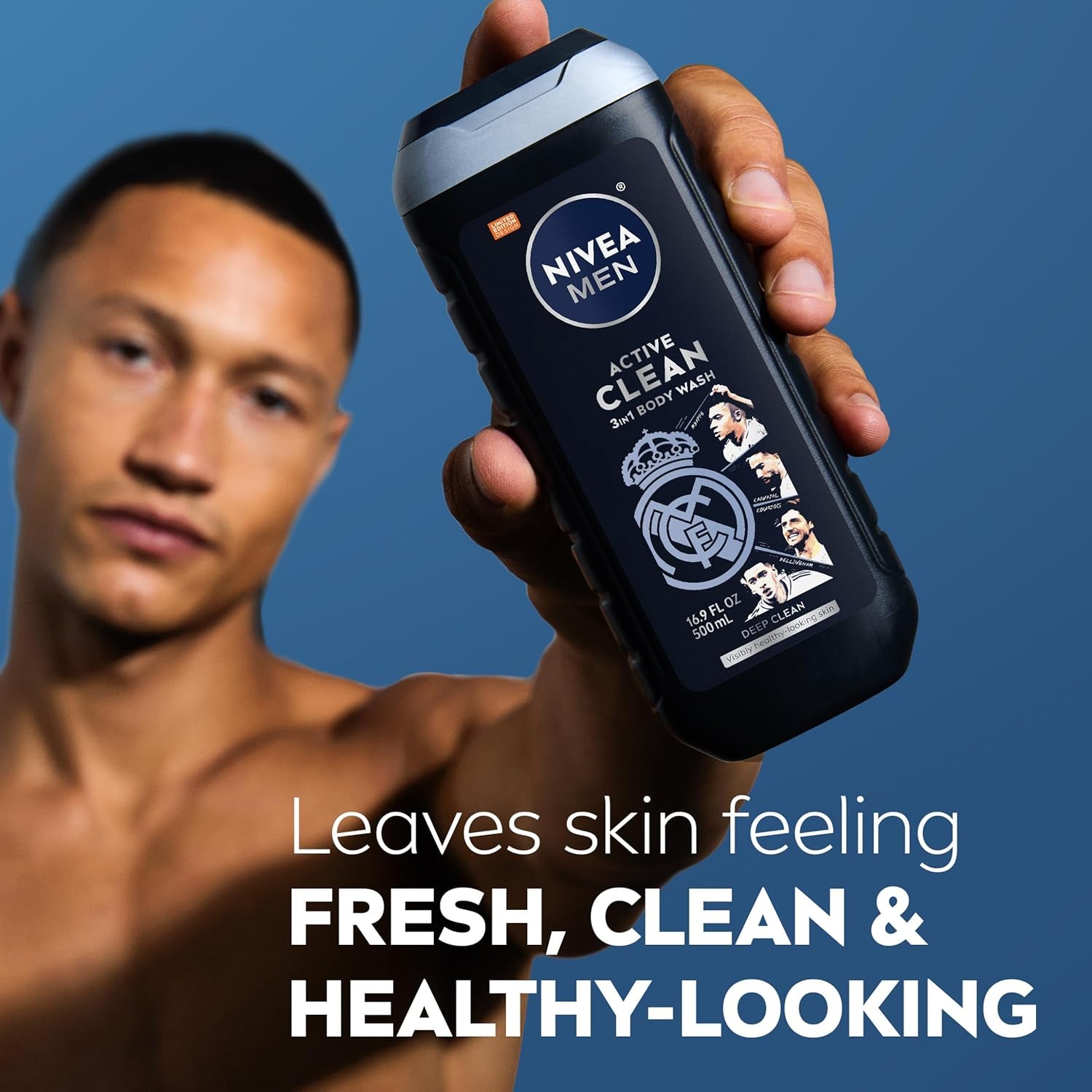 NIVEA Men Active Clean Body Wash with Natural Charcoal for Normal to Oily Skin, 3-In-1 Charcoal Body Wash, Face and Hair, Draws Out Dirt and Impurities, 16.9 Fl Oz Bottle, Pack of 3
