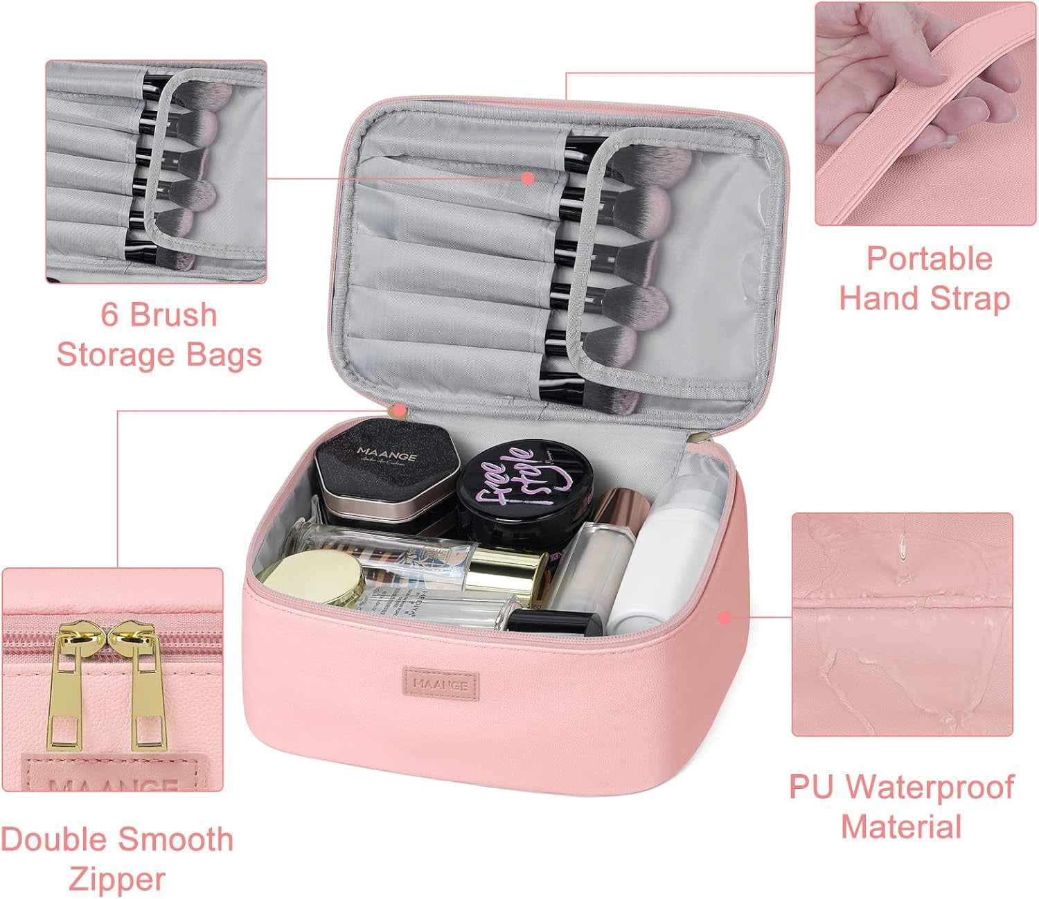 Travel Makeup Bag - Large Makeup Bag with 2Pcs Small Makeup Bag Portable Leather Cosmetic Bag Toiletry Bag Make up Bags for Women and Girls (Pink)