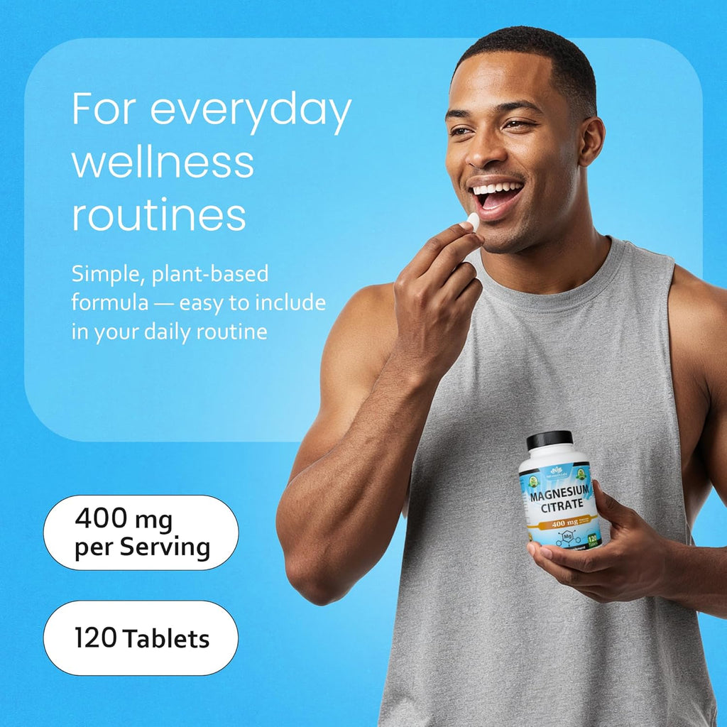 Magnesium Citrate 400 Mg - 120 Tablets Elemental Magnesium Supports Function of Muscles, Bones, Heart Non-Gmo per Serving