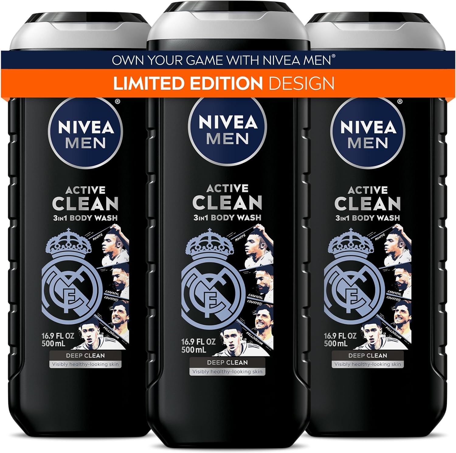 NIVEA Men Active Clean Body Wash with Natural Charcoal for Normal to Oily Skin, 3-In-1 Charcoal Body Wash, Face and Hair, Draws Out Dirt and Impurities, 16.9 Fl Oz Bottle, Pack of 3