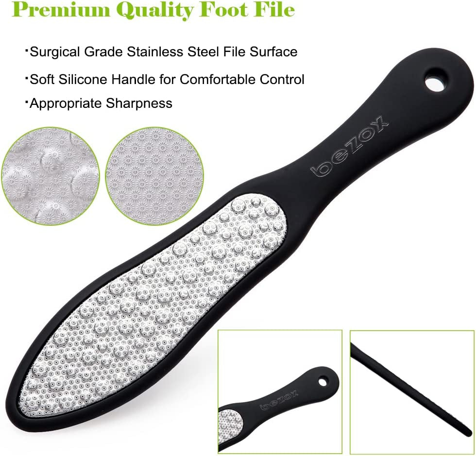 Foot File Callus Remover - Double Sided Stainless Steel Foot Rasp for Wet and Dry Feet - Foot Scraper for Dead Skin, Horny Skin, Corn, and Cracked Heel - W/Storage Cloth Bag (Black)