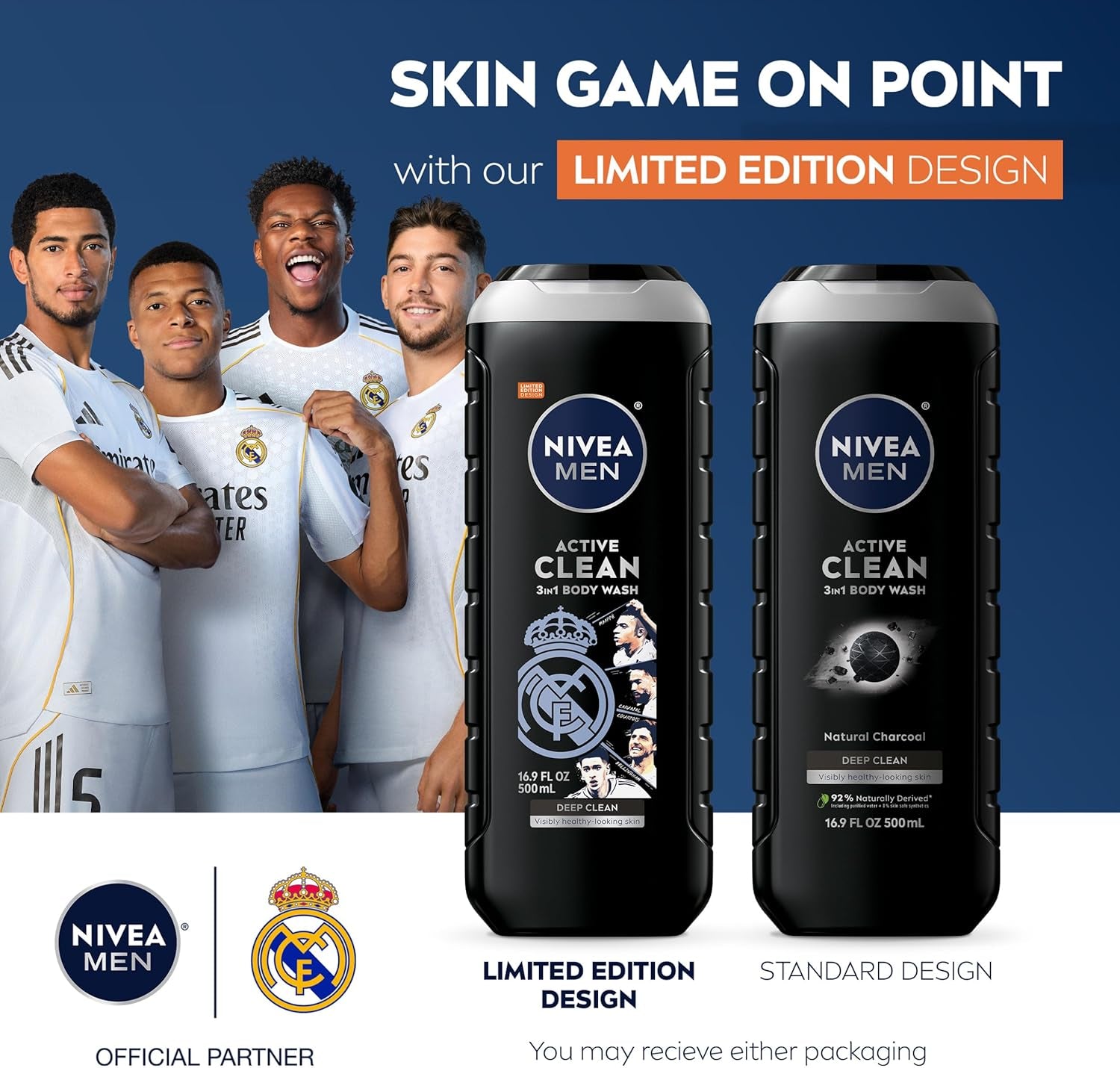 NIVEA Men Active Clean Body Wash with Natural Charcoal for Normal to Oily Skin, 3-In-1 Charcoal Body Wash, Face and Hair, Draws Out Dirt and Impurities, 16.9 Fl Oz Bottle, Pack of 3
