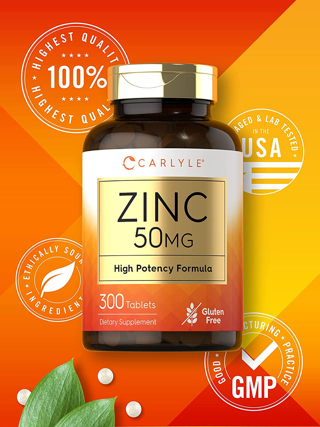 Zinc 50Mg | 300 Tablets | Vegetarian, Non-Gmo, and Gluten Free Supplement | Zinc Gluconate | High Potency Formula | by