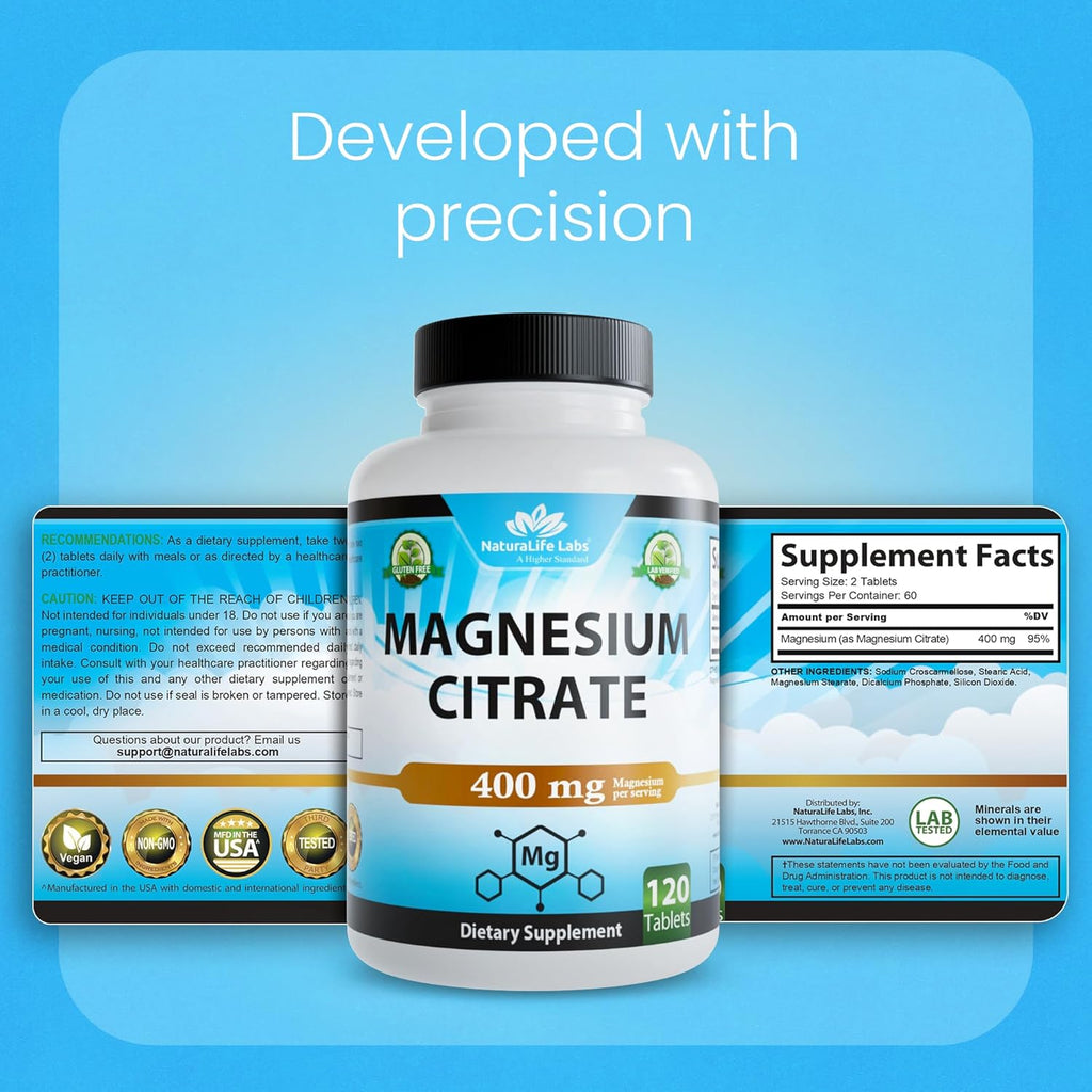 Magnesium Citrate 400 Mg - 120 Tablets Elemental Magnesium Supports Function of Muscles, Bones, Heart Non-Gmo per Serving