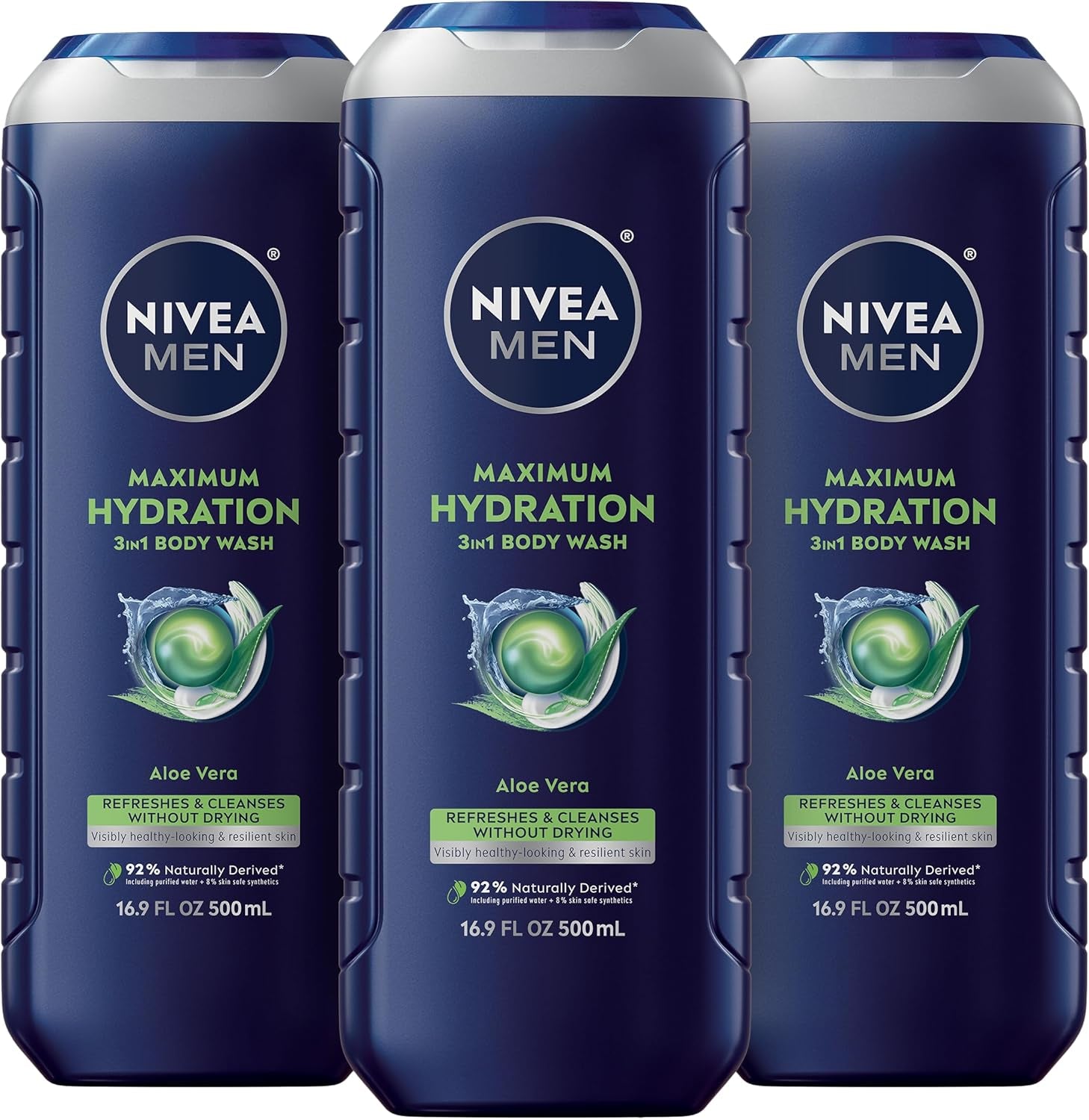 NIVEA Men Active Clean Body Wash with Natural Charcoal for Normal to Oily Skin, 3-In-1 Charcoal Body Wash, Face and Hair, Draws Out Dirt and Impurities, 16.9 Fl Oz Bottle, Pack of 3