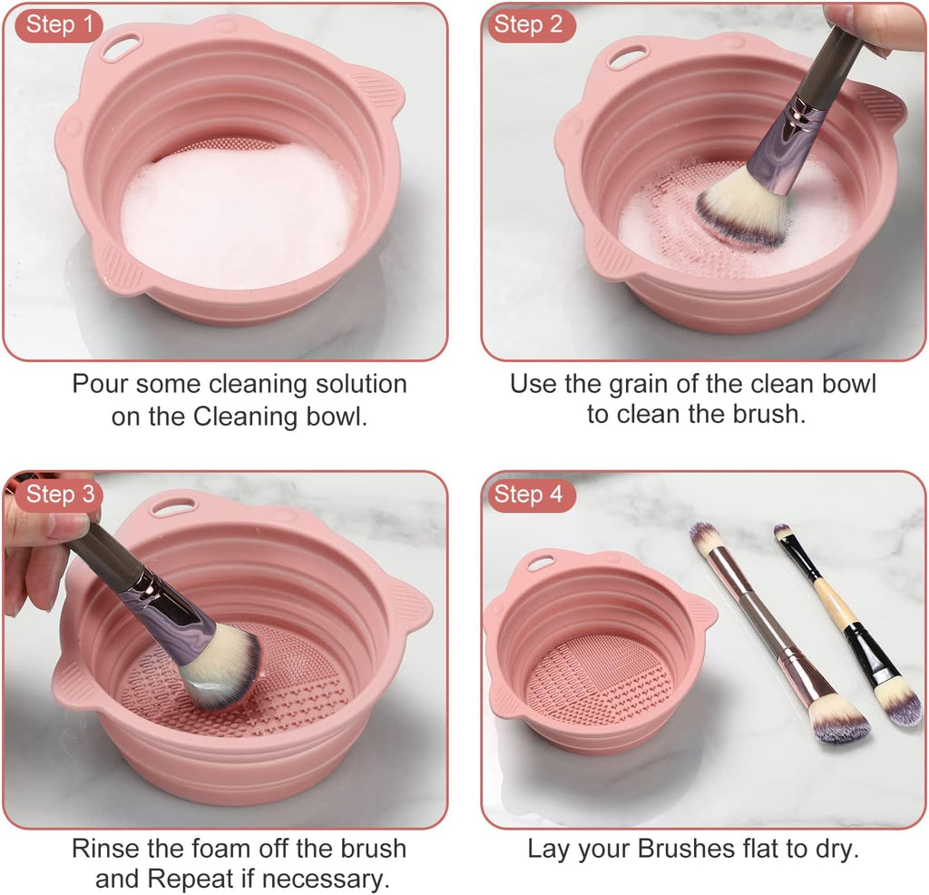 Foldable Silicone Makeup Brush Cleaner Bowl - Portable Cleaning Tool for Brushes, Powder Puffs, and Sponges (Pink)