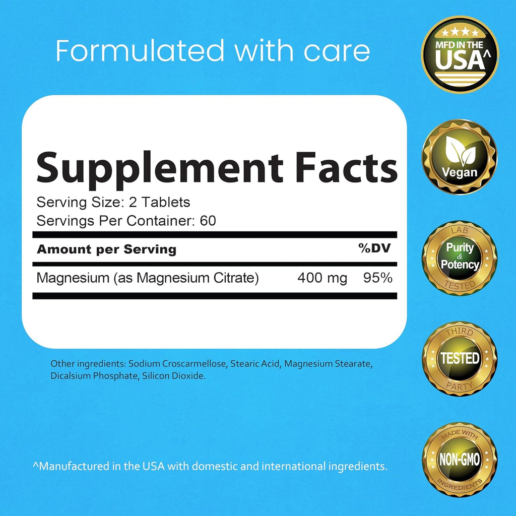 Magnesium Citrate 400 Mg - 120 Tablets Elemental Magnesium Supports Function of Muscles, Bones, Heart Non-Gmo per Serving