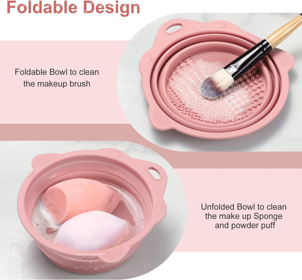 Foldable Silicone Makeup Brush Cleaner Bowl - Portable Cleaning Tool for Brushes, Powder Puffs, and Sponges (Pink)