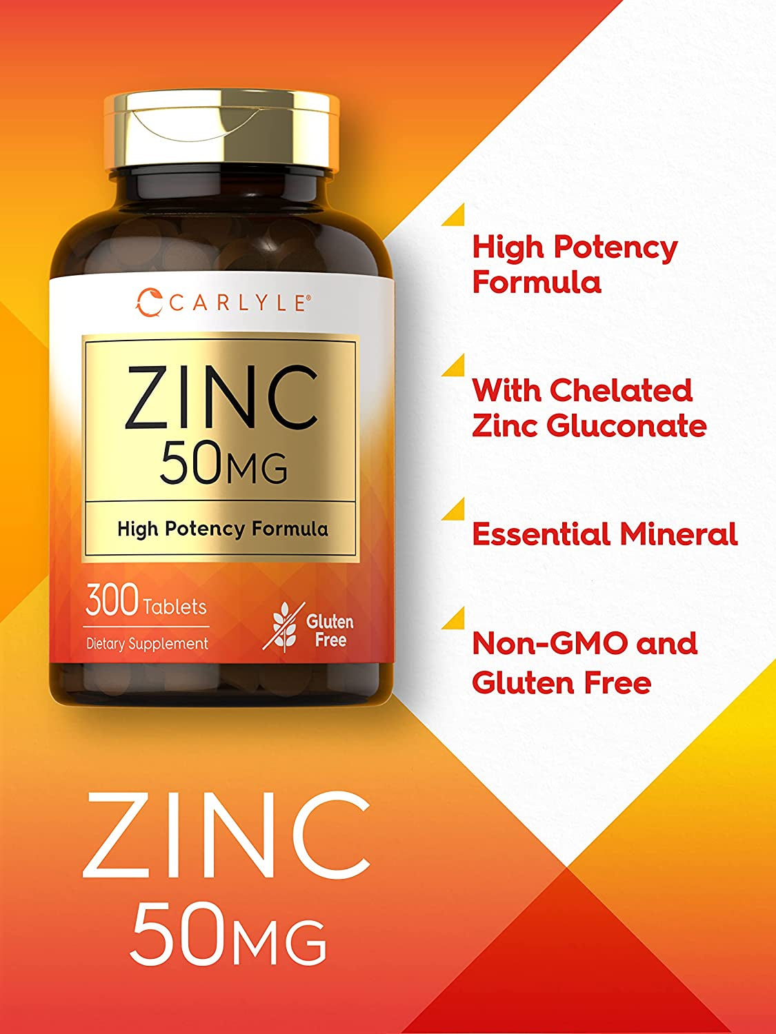 Zinc 50Mg | 300 Tablets | Vegetarian, Non-Gmo, and Gluten Free Supplement | Zinc Gluconate | High Potency Formula | by