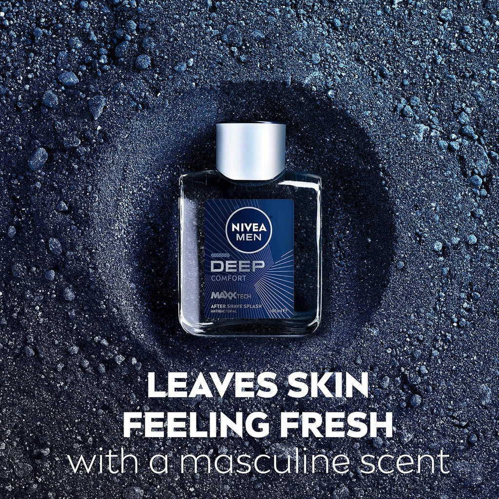 NIVEA MEN Deep after Shave Splash 100Ml | Soothes Irritations | Antibacterial Formula | Helps Heal Cuts | Long-Lasting Clean Feeling | Prevents Skin Dryness | Relieves Razor Burn