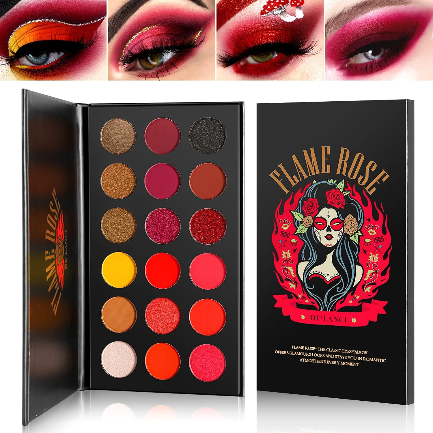 Red Eyeshadow Palette Highly Pigmented, Long Lasting True Red Eye Shadow Halloween Makeup Pallet 18 Color,Waterproof Matte Shimmer Brown Black Yellow Sunset Warm Fall Eye Shades, Cruelty Fre