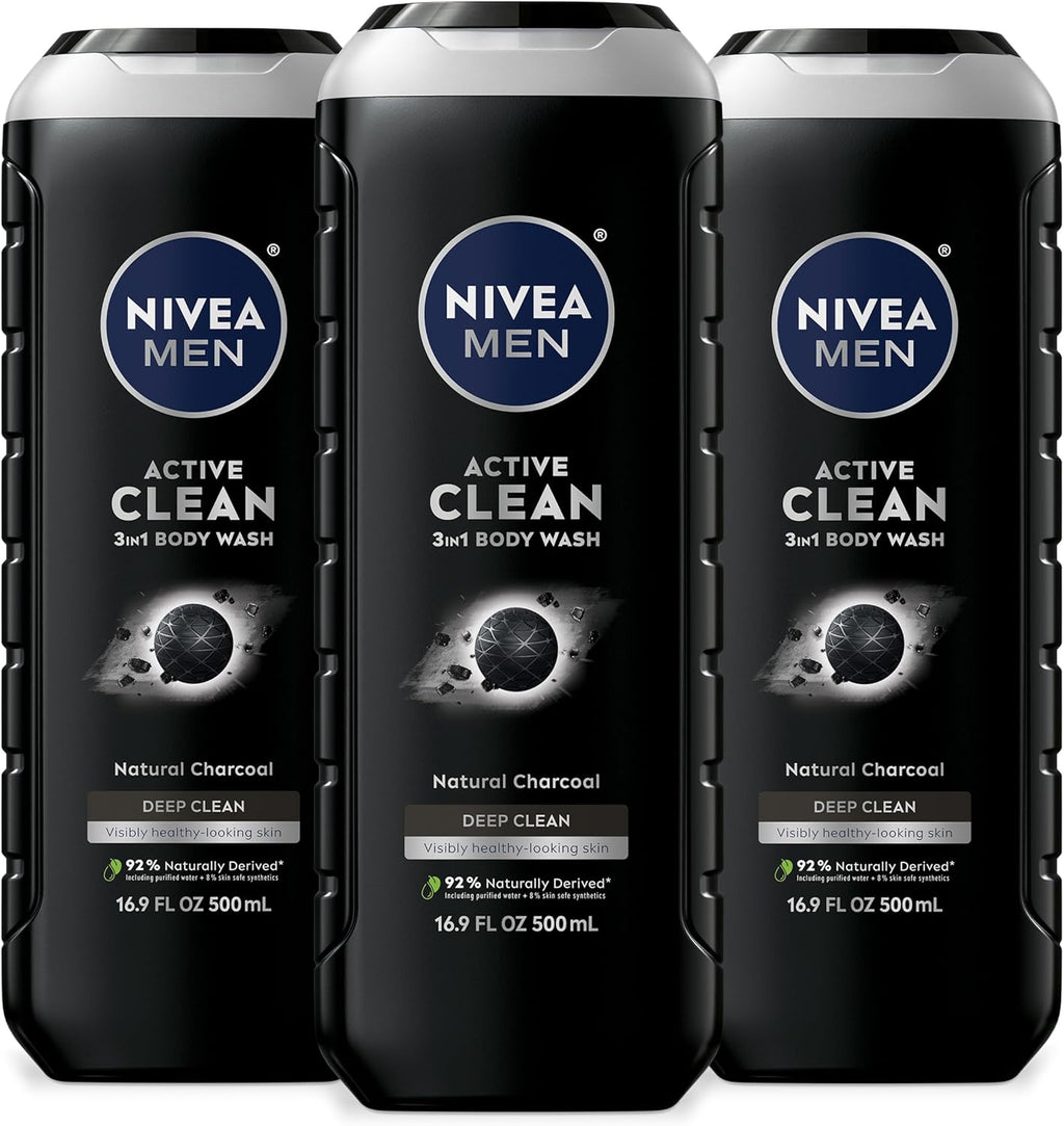NIVEA Men Active Clean Body Wash with Natural Charcoal for Normal to Oily Skin, 3-In-1 Charcoal Body Wash, Face and Hair, Draws Out Dirt and Impurities, 16.9 Fl Oz Bottle, Pack of 3