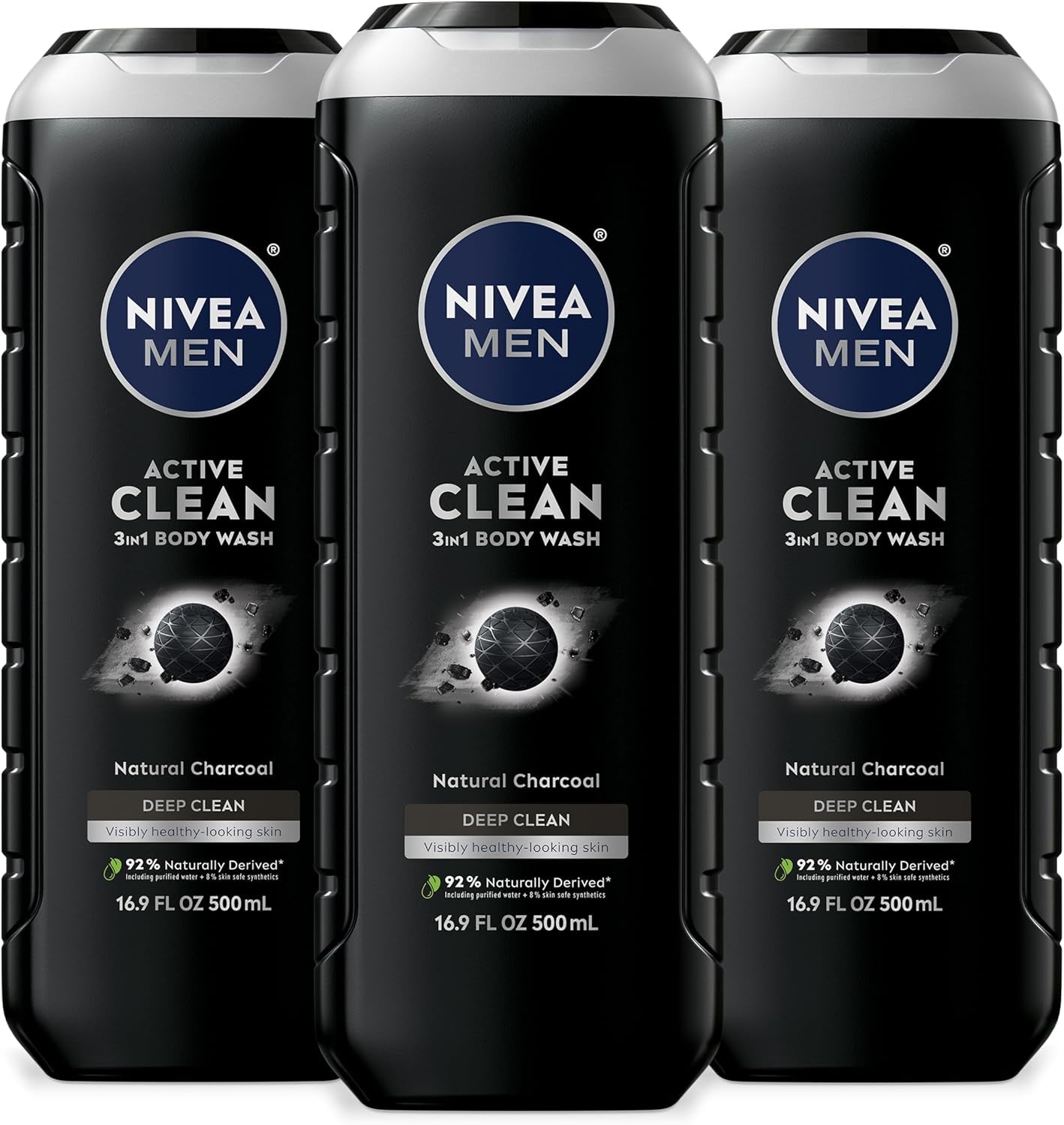 NIVEA Men Active Clean Body Wash with Natural Charcoal for Normal to Oily Skin, 3-In-1 Charcoal Body Wash, Face and Hair, Draws Out Dirt and Impurities, 16.9 Fl Oz Bottle, Pack of 3