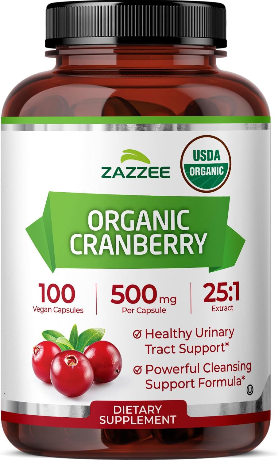 USDA Organic Cranberry Extract, 12,500 Mg Strength, 100 Vegan Capsules, USDA Certified Organic, Potent 25:1 Extract, Made from Fresh Whole Organic Cranberries, Vegan, All-Natural and Non-Gmo