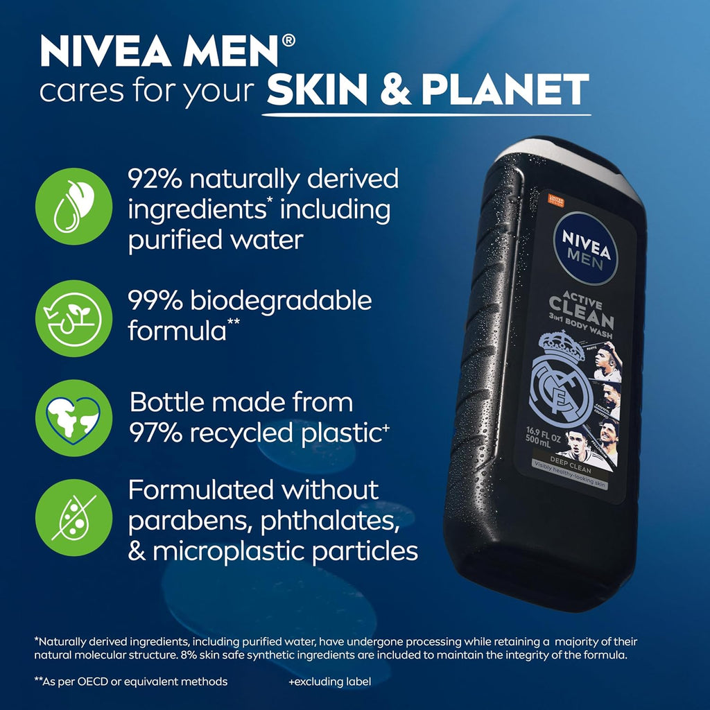 NIVEA Men Active Clean Body Wash with Natural Charcoal for Normal to Oily Skin, 3-In-1 Charcoal Body Wash, Face and Hair, Draws Out Dirt and Impurities, 16.9 Fl Oz Bottle, Pack of 3