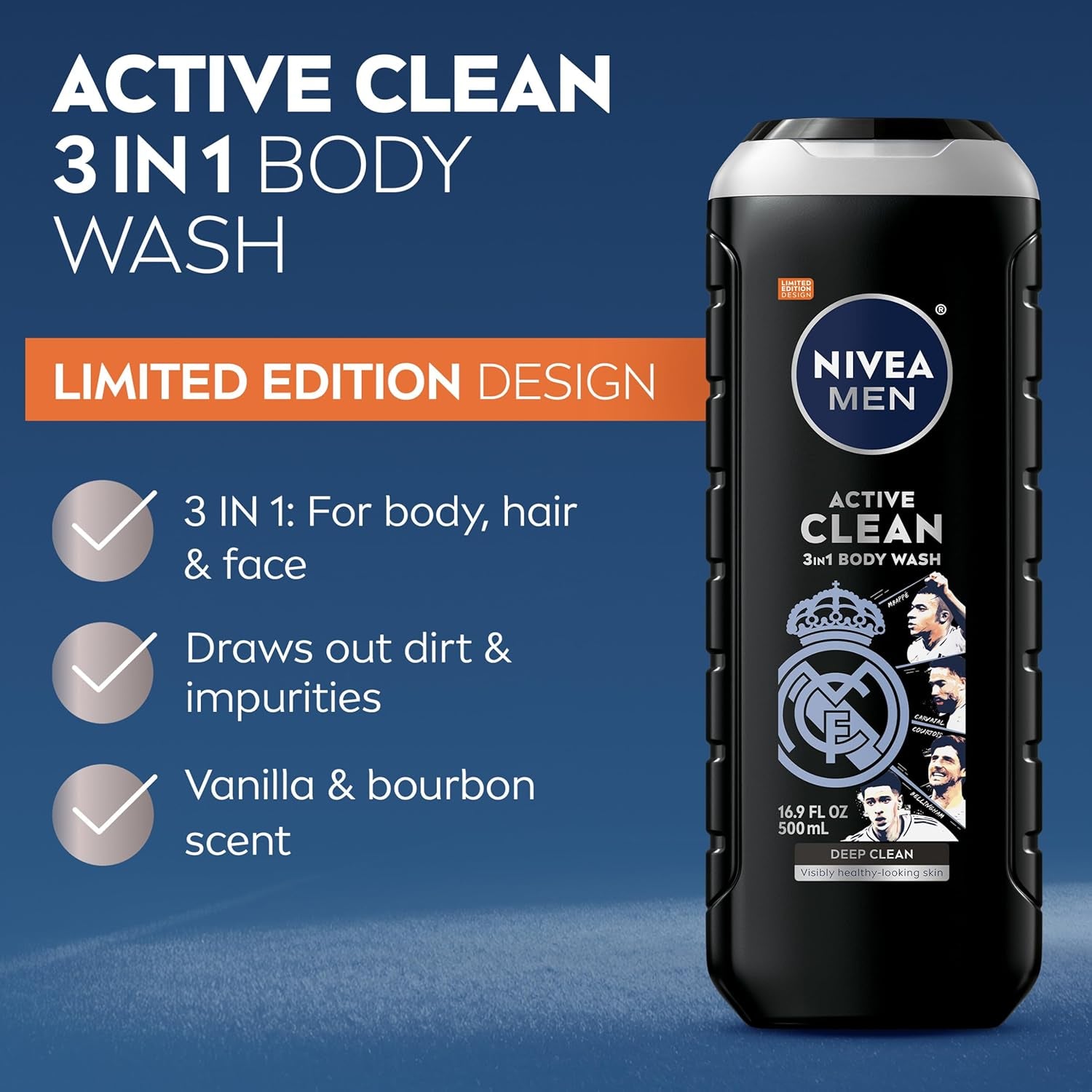 NIVEA Men Active Clean Body Wash with Natural Charcoal for Normal to Oily Skin, 3-In-1 Charcoal Body Wash, Face and Hair, Draws Out Dirt and Impurities, 16.9 Fl Oz Bottle, Pack of 3