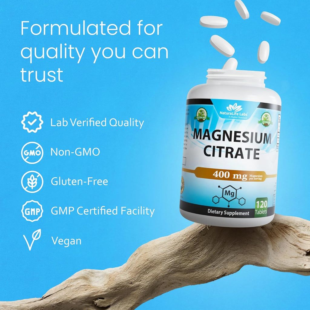 Magnesium Citrate 400 Mg - 120 Tablets Elemental Magnesium Supports Function of Muscles, Bones, Heart Non-Gmo per Serving