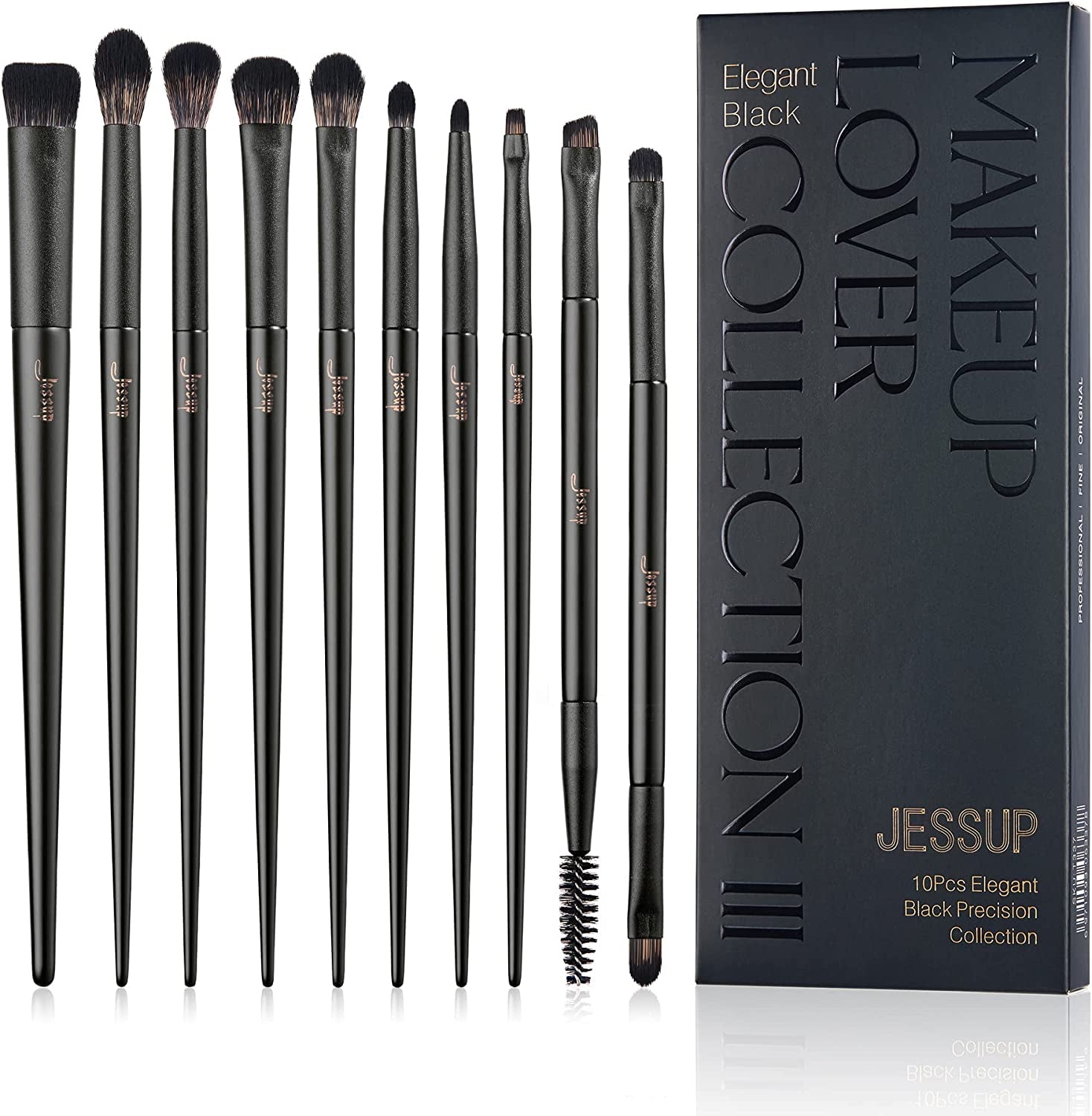 Eyeshadow Brush Set Jessup Eye Makeup Brushes Professional 10Pcs Blending Brush Eye Shadow Liner Brush Crease Brush Duo-End Brow Brush, Elegant Black T337