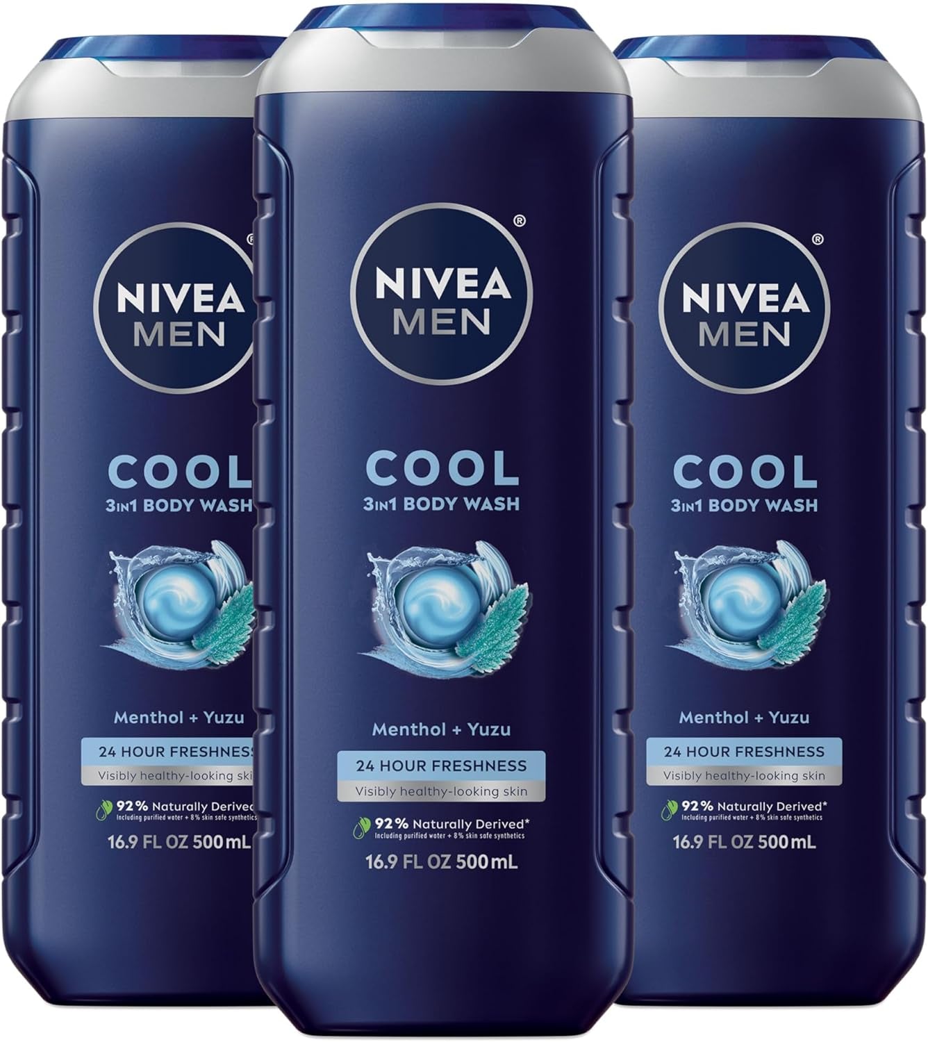 NIVEA Men Active Clean Body Wash with Natural Charcoal for Normal to Oily Skin, 3-In-1 Charcoal Body Wash, Face and Hair, Draws Out Dirt and Impurities, 16.9 Fl Oz Bottle, Pack of 3