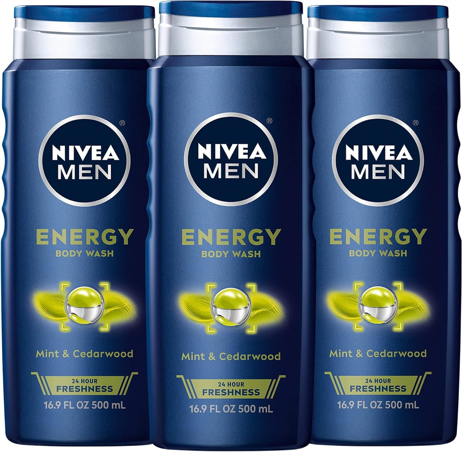 NIVEA Men Active Clean Body Wash with Natural Charcoal for Normal to Oily Skin, 3-In-1 Charcoal Body Wash, Face and Hair, Draws Out Dirt and Impurities, 16.9 Fl Oz Bottle, Pack of 3