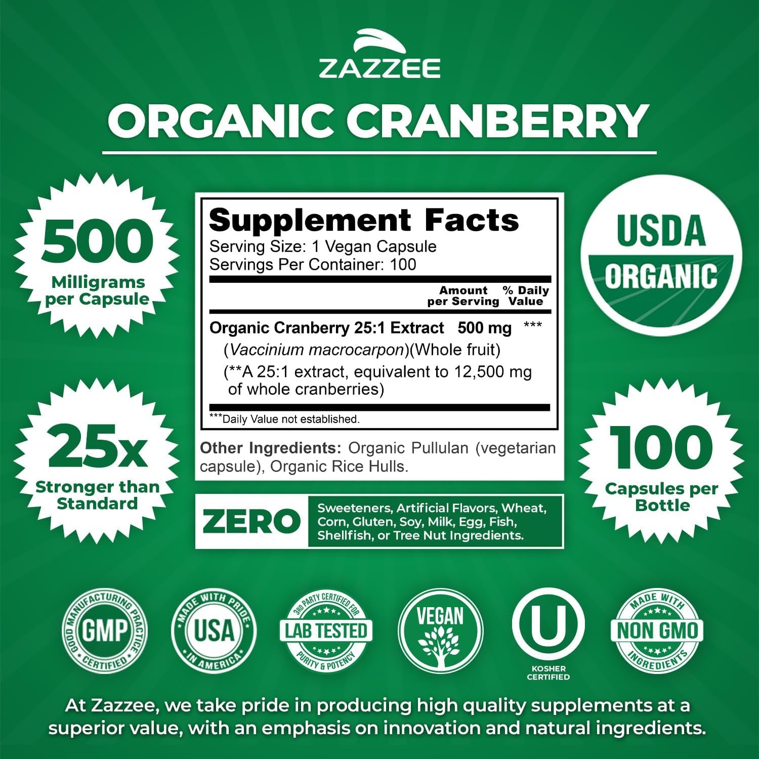 USDA Organic Cranberry Extract, 12,500 Mg Strength, 100 Vegan Capsules, USDA Certified Organic, Potent 25:1 Extract, Made from Fresh Whole Organic Cranberries, Vegan, All-Natural and Non-Gmo