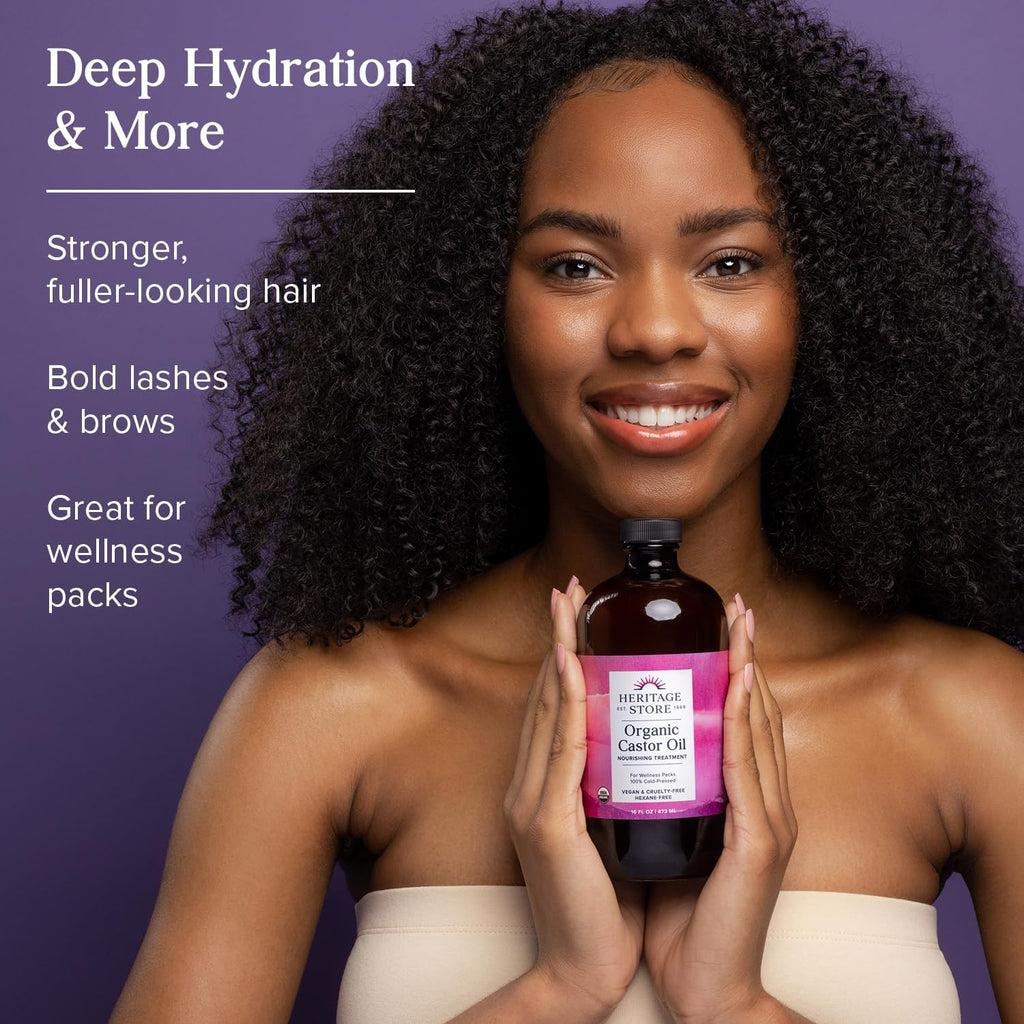 Organic Castor, Glass Bottle, Cold Pressed, Rich Hydration for Hair & Skin, Bold Lashes & Brows (473Ml)