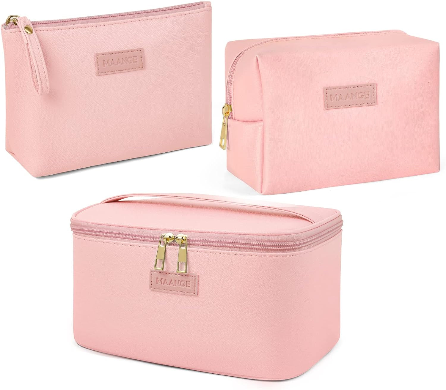 Travel Makeup Bag - Large Makeup Bag with 2Pcs Small Makeup Bag Portable Leather Cosmetic Bag Toiletry Bag Make up Bags for Women and Girls (Pink)
