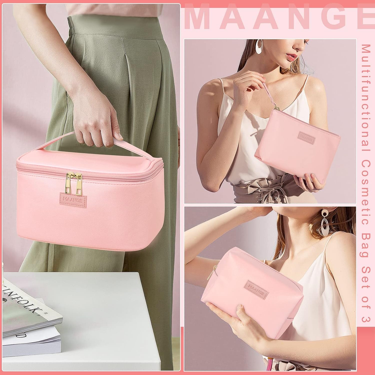 Travel Makeup Bag - Large Makeup Bag with 2Pcs Small Makeup Bag Portable Leather Cosmetic Bag Toiletry Bag Make up Bags for Women and Girls (Pink)