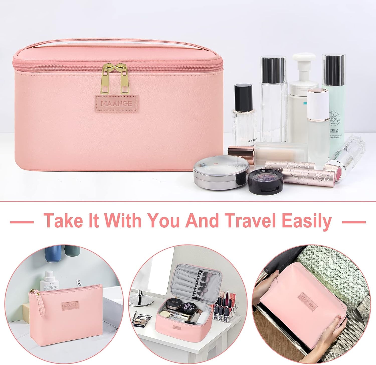 Travel Makeup Bag - Large Makeup Bag with 2Pcs Small Makeup Bag Portable Leather Cosmetic Bag Toiletry Bag Make up Bags for Women and Girls (Pink)