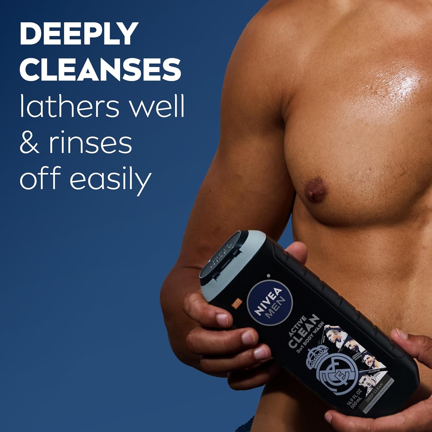 NIVEA Men Active Clean Body Wash with Natural Charcoal for Normal to Oily Skin, 3-In-1 Charcoal Body Wash, Face and Hair, Draws Out Dirt and Impurities, 16.9 Fl Oz Bottle, Pack of 3