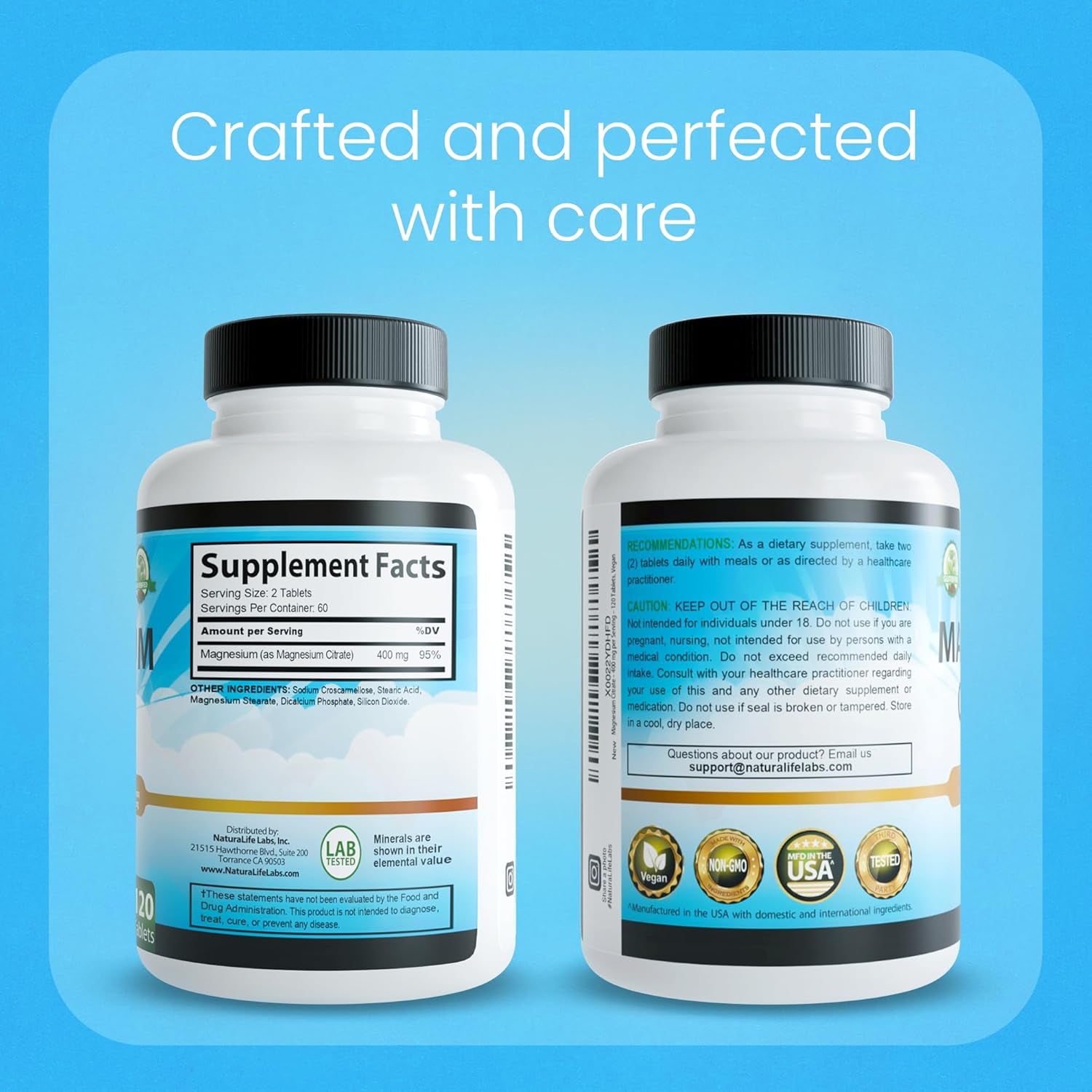 Magnesium Citrate 400 Mg - 120 Tablets Elemental Magnesium Supports Function of Muscles, Bones, Heart Non-Gmo per Serving