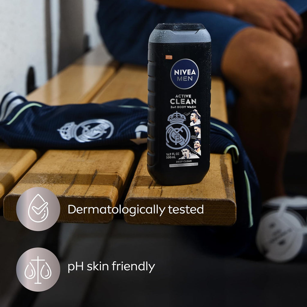 NIVEA Men Active Clean Body Wash with Natural Charcoal for Normal to Oily Skin, 3-In-1 Charcoal Body Wash, Face and Hair, Draws Out Dirt and Impurities, 16.9 Fl Oz Bottle, Pack of 3
