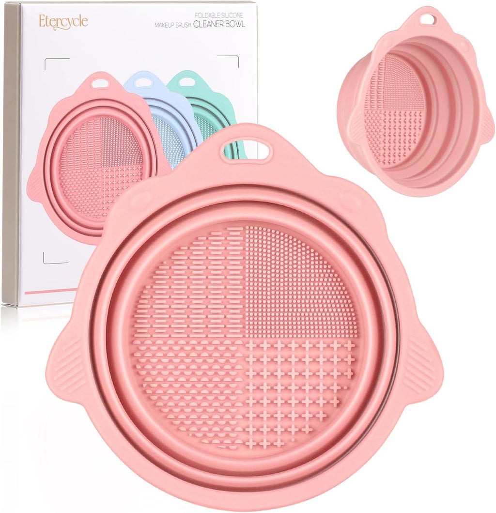 Foldable Silicone Makeup Brush Cleaner Bowl - Portable Cleaning Tool for Brushes, Powder Puffs, and Sponges (Pink)