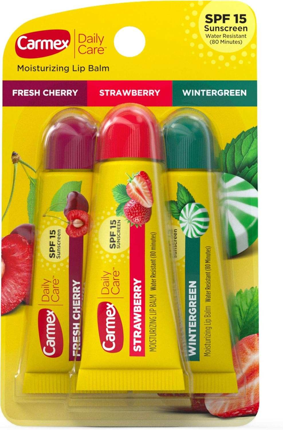 Moisturizing Lip Balm Variety Pack - Fresh Cherry, Strawberry, Wintergreen .35 Oz Tube