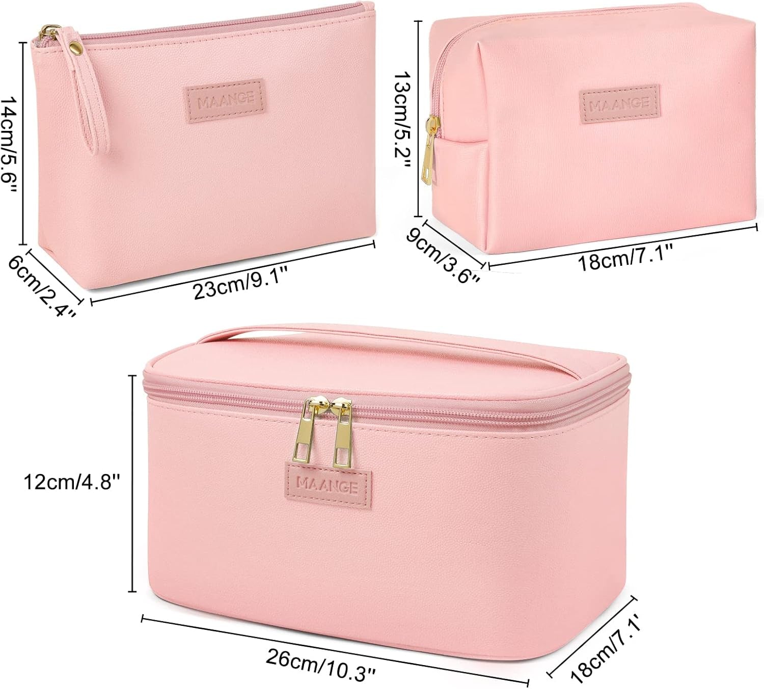 Travel Makeup Bag - Large Makeup Bag with 2Pcs Small Makeup Bag Portable Leather Cosmetic Bag Toiletry Bag Make up Bags for Women and Girls (Pink)